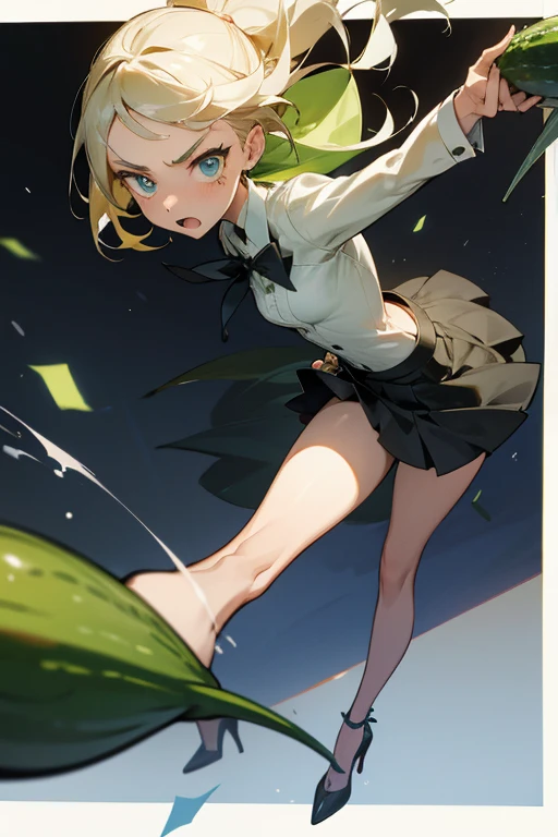 A young woman wears a micro skirt and high heels holding a cucumber with a scared expression