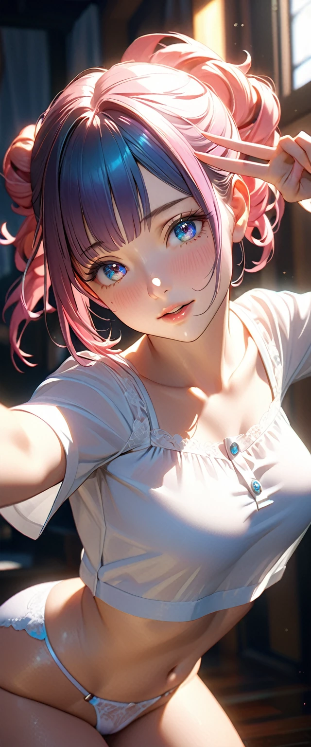 Masterpiece、最high quality、high quality、High definition、High resolution、High detail、Lens flare、Ray tracing method、high qualityの質感、high qualityの影、Beautiful details、Detailed and delicate、Detailed texture、Realistic facial expression、Realistic and colorful、Delicate、Cinematic Light、Side light、Sharp Focus、(1 woman:1.3)、(Intricate details、Makeup、Pure Eros Face_v1:0.5)、(Details Beautiful delicate face、Detailed beautiful delicate eyes、Perfect Facial Proportions、Detailed skin、Charm)、fancy hairstyles、Beautiful bangs、(Two-tone gradient hair color）、slender、(Upturned beautiful breasts)、Raise your arm and make a peace sign、(Detailed crotch、Showing off your crotch)、Female juice、((Experiencing the best orgasm))、(Light-colored V-cut、Light-colored thong)、(Thigh mini skirt、Low-rise mini skirt)、(Front-button short-sleeve shirt、Crop top)、(The wind blows and sways、 roll up)、Low-angle composition