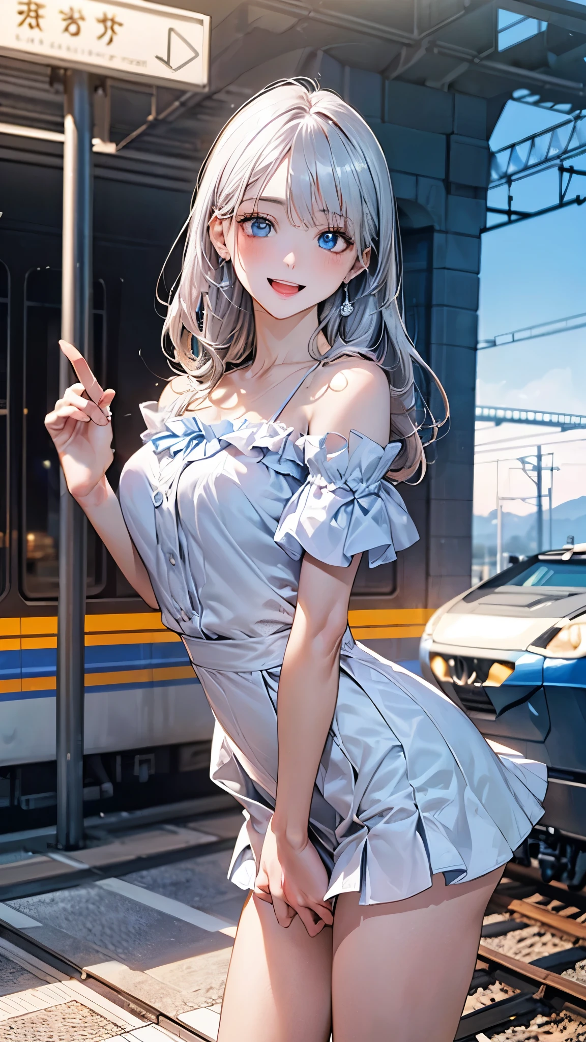 (masterpiece:1.2, top-quality), (realistic, photorealistic:1.4), beautiful illustration, (natural side lighting, movie lighting), depth of fields, nsfw, 
beautiful detailed hair, beautiful detailed face, beautiful detailed eyes, beautiful clavicle, beautiful body, beautiful chest, beautiful thigh, beautiful legs, 
looking at viewer, 1 girl, 12 years old, (perfect anatomy, anatomically correct, super detailed skin), cute and symmetrical face, perfect face, perfect eyes, 
(long hair:1.5, straight hair:1.4, silver hair), swept bangs, blue eyes, big eyes, long eye lasher, (medium breasts, seductive thighs), perfect body, shiny skin, pink skin, 
(short sleeve), break (open shoulder puff sleeve light blue neck frills blouse), break (white tight skirt), break 
(beautiful scenery), evening, (train station), standing, (lovely smile, open mouth slightly), 