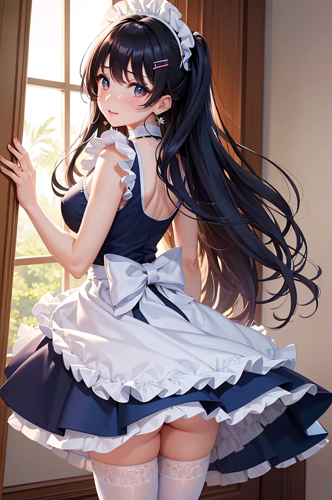 Arafed image of a beautiful girl dressed as a maid and white stockings cleaning the window, anime girl, she looks back, royal blue maid uniform with miniskirt and ruffles, short sleeves, choker with a blue bow, white apron, low-cut chest, large round breasts, colored inner hair, dark brown hair, bangs, long hair, ponytail, wavy hair, swept bangs, shiny hair, hairclip, hair ribbon, maid headdress, butterfly hair ornament, aqua eyes, glowing eyes, pupils sparkling, earrings, shy, blush, red lips, glossy lips, teeth, nose blush, embarrassed, (modern mansion, skirt lift), you can see her panties, nice round buttocks, white lingerie panties with pretty lace, view from behind, her skirt accidentally rises, upskirt, full body, defined and perfect body, high detail, anime, anime style, chiaroscuro, depth of field, dithering, image fill, framed, wide shot, panorama, perspective, lens flare, Wide-Angle, f/1.8, 85mm, Nikon, 8k, super detail, UHD, retina, masterpiece, accurate, anatomically correct, high details, best quality, highres, 1080P, 16k