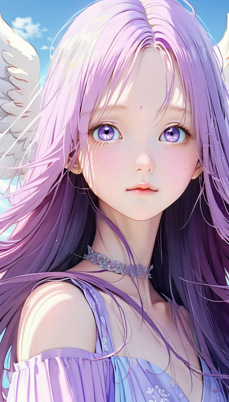 masterpiece,best quality,Ultra Detail,Fine details,high resolution,Angel,Glowing skin,thin,Purple hair color,Very long hair,1,Purple Eye,Perfect face,Exquisite facial features,Looking at the viewer,Purple dress,Kodak Portra 400,Dreamy tones,high contrast color tone,Blue sky,daytime,3D Rendering,Pastel,Angel光环