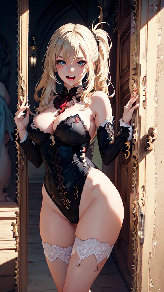 Young blonde girl, black eye patch, twin large ponytails,
BREAK (masterpiece:1.2), best quality, high resolution, unity 8k wallpaper, (illustration:0.8), (beautiful detailed eyes:1.6), extremely detailed face, perfect lighting, extremely detailed CG, (perfect hands, perfect anatomy), joyful, laughing, Happy, (thigh corset with deep lace neckline), NSFW, cameltoe, portrait (3:4), posing. In darkness next to a scary castle.