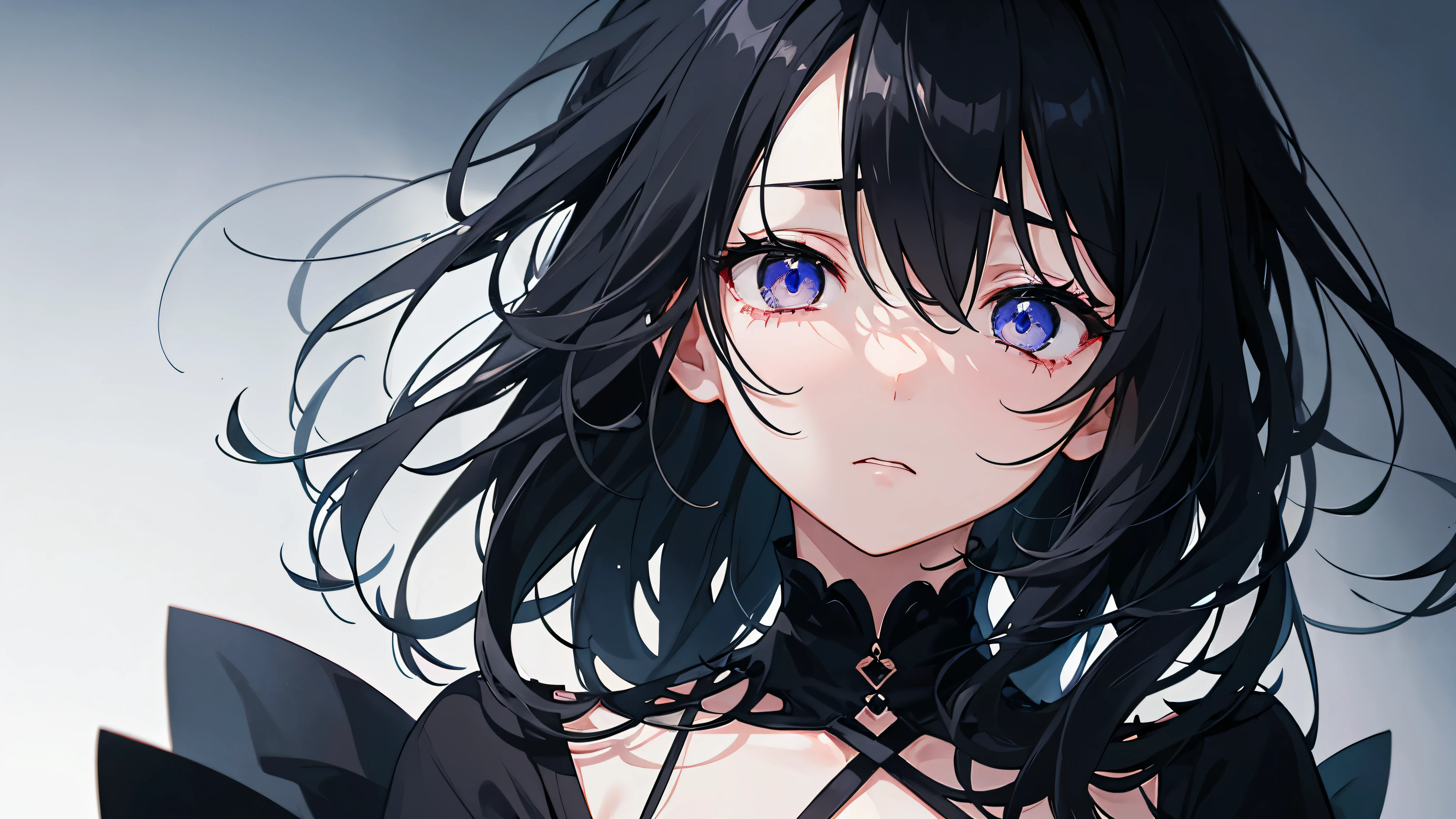 Are depressed、Sick illustration、Girl、Black Hair、My eyes are watery and I turn off the light、No light in my eyes、Scared、Sad and painful feelings、Wearing a black dress、One girl、Black background