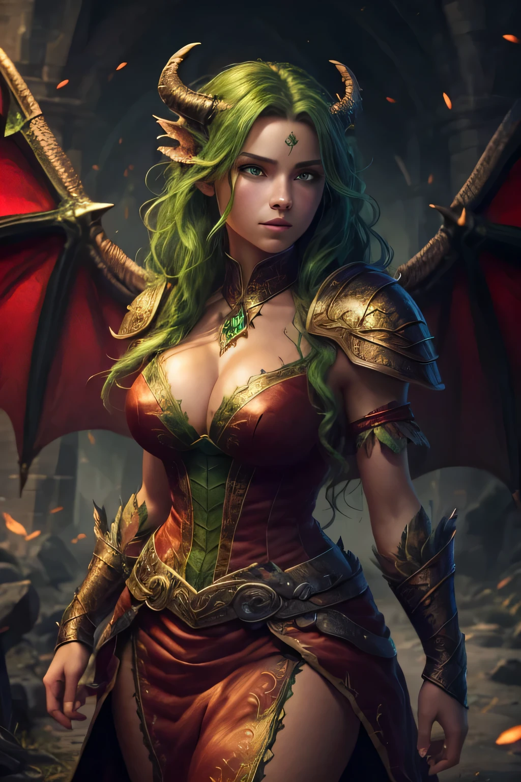 (masterpiece), (best quality), (ultra detailed),(disheveled hair),(illustration),Dragonborn, female dragon, red skin, medieval dress, green eyes, volumous hair, medium wings, sexy withouth being flashy, full body