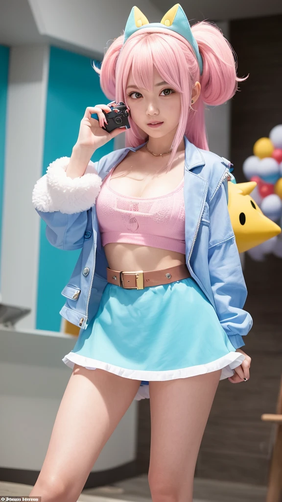 A young woman with long, loose hair in pastel pink and blue tones, dressed as a stylish version of the Super Mario character Peach. She is in a setting reminiscent of the Mushroom Kingdom, with question marks and green tubes in the background. Her outfit is a mix of modern fashion with iconic elements from the game, including a pink tulle skirt, a light blue leather jacket, and white platform boots. She holds a video game controller in one hand and looks directly into the camera with a confident smile.. In a corner, there is a subtle detail of a Super Mario star shining.