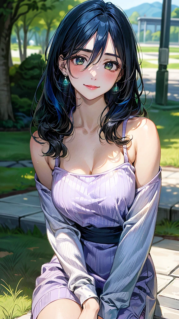 (masterpiece:1.3, top-quality, ultra high res, ultra detailed), (realistic, photorealistic:1.4), beautiful illustration, perfect lighting, natural lighting, colorful, depth of fields, ,
beautiful detailed hair, beautiful detailed face, beautiful detailed eyes, beautiful clavicle, beautiful body, beautiful chest, beautiful thigh, beautiful legs, beautiful fingers,
looking at viewer, 1 girl, japanese, high school girl, (perfect anatomy, anatomically correct), cute and symmetrical face, babyface, perfect face, perfect eyes, shiny skin, slender,
(long hair:1.7, wavy hair:0.8, blue hair), hair between eyes, emerald green eyes, long eye lasher, (large breasts:0.8, seductive thighs),
((long sleeve light purple knit dress, black tube top)),
(beautiful scenery), summer, evening, (school), (lovely smile, upper eyes),