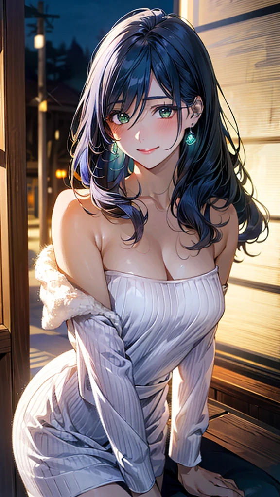 (masterpiece:1.3, top-quality, ultra high res, ultra detailed), (realistic, photorealistic:1.4), beautiful illustration, perfect lighting, natural lighting, colorful, depth of fields, ,
beautiful detailed hair, beautiful detailed face, beautiful detailed eyes, beautiful clavicle, beautiful body, beautiful chest, beautiful thigh, beautiful legs, beautiful fingers,
looking at viewer, 1 girl, japanese, high school girl, (perfect anatomy, anatomically correct), cute and symmetrical face, babyface, perfect face, perfect eyes, shiny skin, slender,
(long hair:1.7, wavy hair:0.8, blue hair), hair between eyes, emerald green eyes, long eye lasher, (large breasts:0.8, seductive thighs),
((long sleeve light purple knit dress, black tube top)),
(beautiful scenery), summer, evening, (school), (lovely smile, upper eyes),
