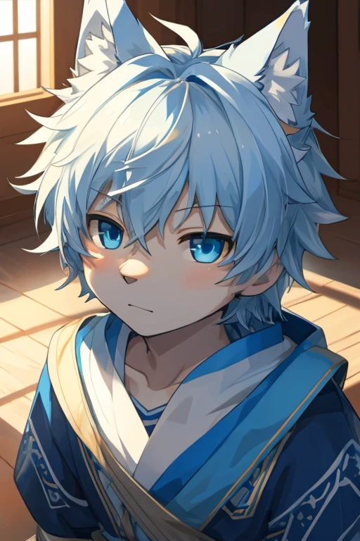 , White and blue fur, Shota, blue eyes, Messy hair, , short hair, masterpiece, Very detailed,，，独奏，，，Looking at the camera，Wolf&#39;s facial features，，Wolf paw，Wolf Tail，Blue ears，，black，Detailed lighting，Sitting，Blue and white short-sleeved T-shirt，sports shoes，Blue and white sports shorts，On the grass