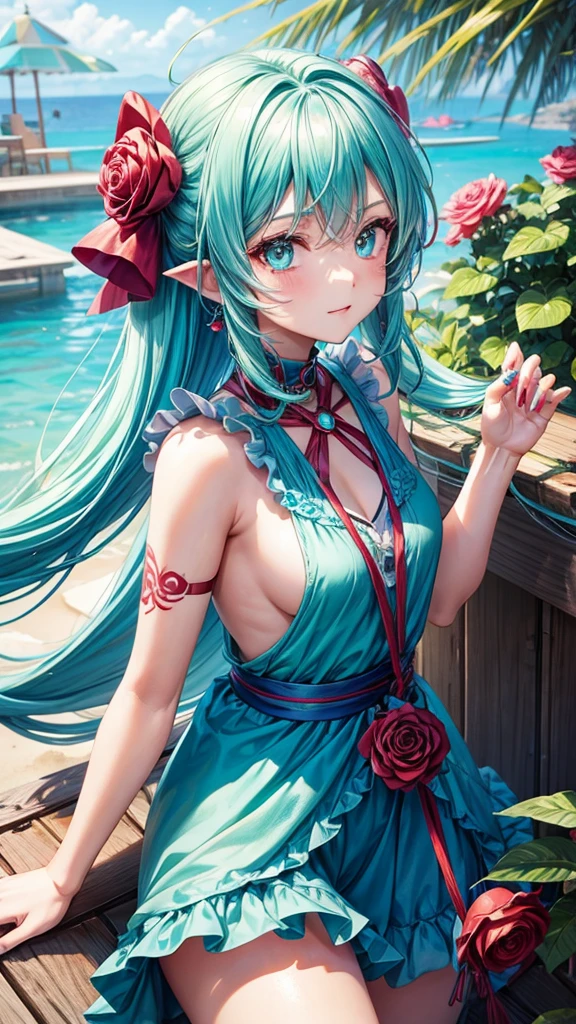 Turquoise hair anime girl with rose tattoo 