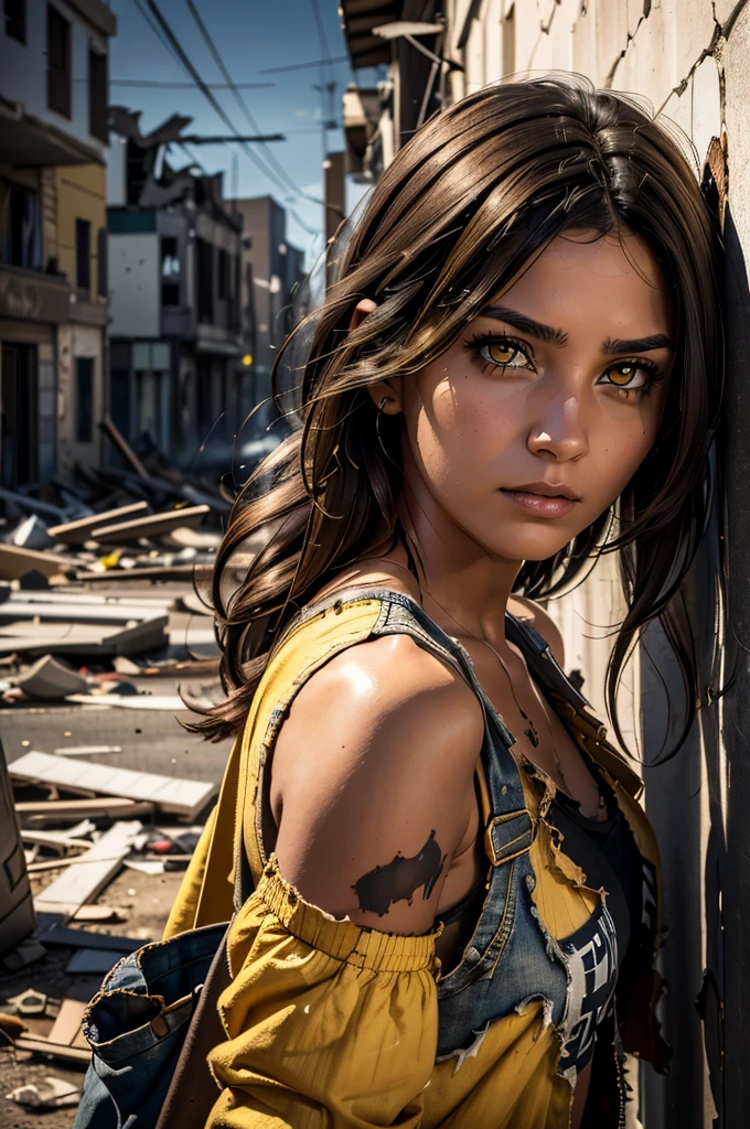 A woman with dark brown hair and yellow eyes wearing tattered clothes in a destroyed town with the shadow of the devil behind her