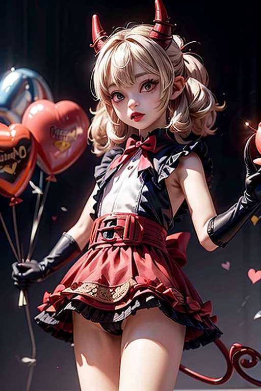 Little devil, heart-shaped tail, mature expression, eyeliner, tongue sticking out, shyness, wiggles, little devil's cute outfit, red lipstick, upturned eyes, blurred background of many balloons