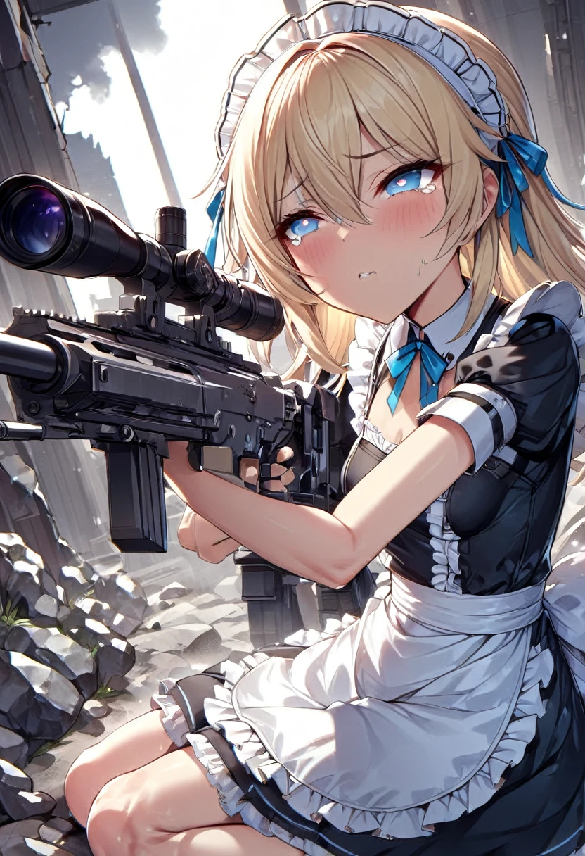 ((Highest quality:1.6)), ((Ultra-high resolution:1.6)), ((Masterpiece:1.6)), (Very detailed:1.6), (Perfect Face:1.6), (Detailed illustrations:1,4), (Perfect Eyes:1.6), (Detailed eyes:1.4), (Perfect Anatomy:1.6), girl, cute, (The cuteness of an angel, Mouth is open, ), (Blonde, Small breasts, Black Dress, White apron, A-line, Blue ribbon, Apron dress, Frills, Classic maid outfit, shoes, barefoot, Long:1.4), (Sniper from the walls, sniper rifle:1,4), Castle Defense, (Looking through the scope, ready to shoot, Aiming for prey, Low posture, Side angle, Obstructions such as rocks and low walls:1.4), (Barret M82:1,4), Sniper Rifle, profile, Gunfight, (Stains on clothes:1,4), (Dirty with ash and soot:1,4), (Tearing of clothes:1.2), 