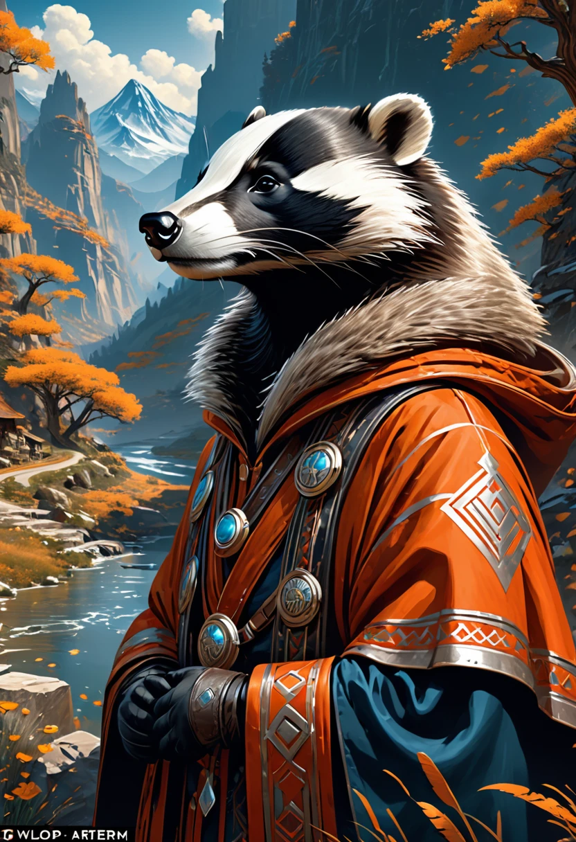 Anthropomorphic badger mage. Official Art – Charecter profile. An Award-Winning Digital Masterpiece In 4K Ultra HD, Extreme Detail And Intricate Realism. Symmetrical Face. This Concept Art Brought To Life By The Hands Of Artists Like Wlop & Artgerm In A Stunning 2D Vector Illustration.Background Is A Panoramic Vista.