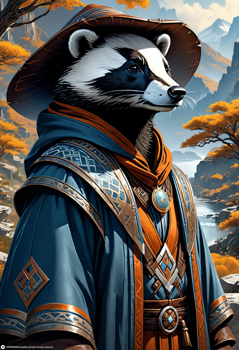 Anthropomorphic  badger mage. Official Art – Charecter profile. An Award-Winning Digital Masterpiece In 4K Ultra HD, Extreme Detail And Intricate Realism. Symmetrical Face. This Concept Art Brought To Life By The Hands Of Artists Like Wlop & Artgerm In A Stunning 2D Vector Illustration.Background Is A Panoramic Vista.
