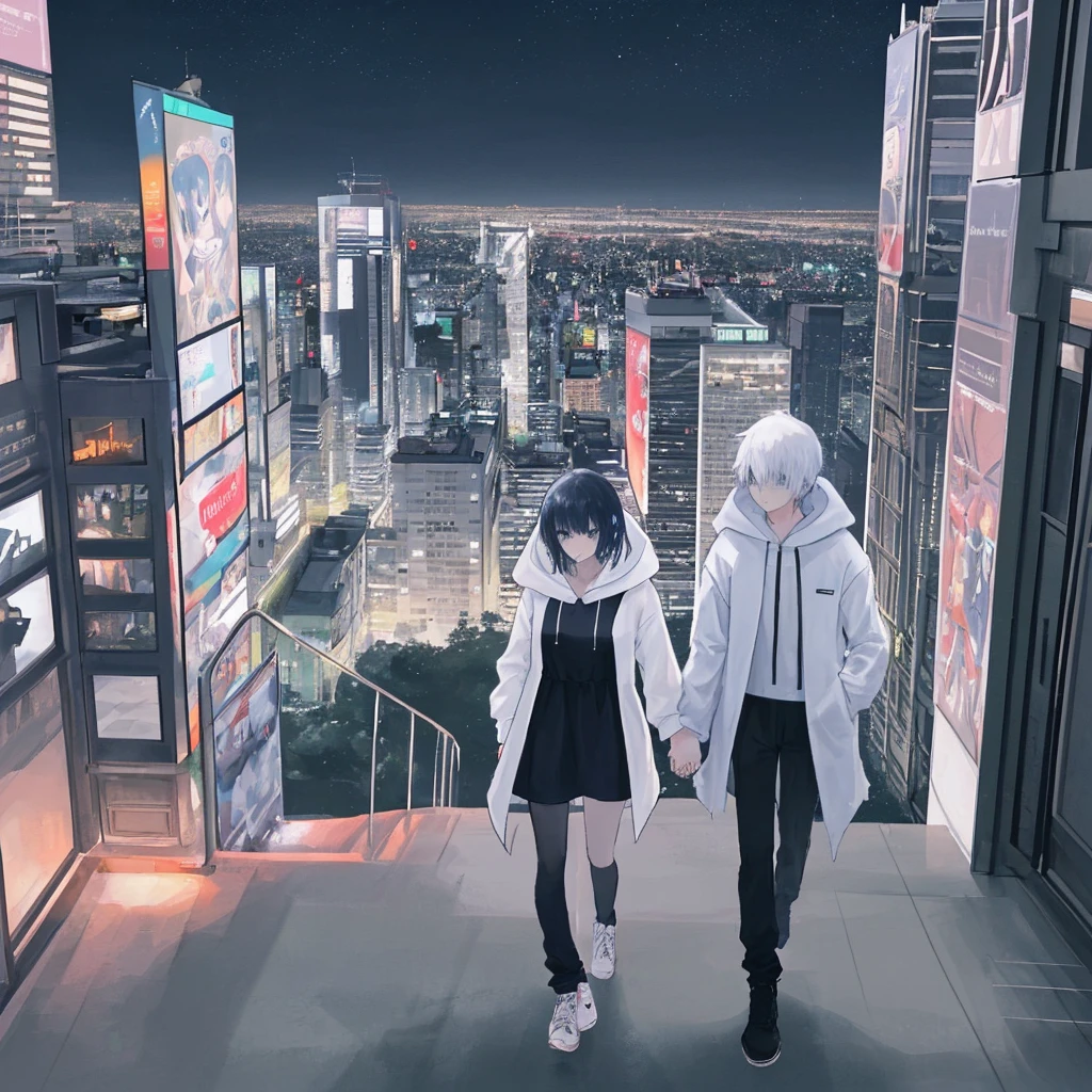 woman, 1 person, man, 1 person, walking hand in hand together, Wear a white hoodie, womanใส่กระโปรงสั้นสีดำ, manใส่กางเกงขายาวสีดำ, City view, night time, best quality, Landscape for placing banners