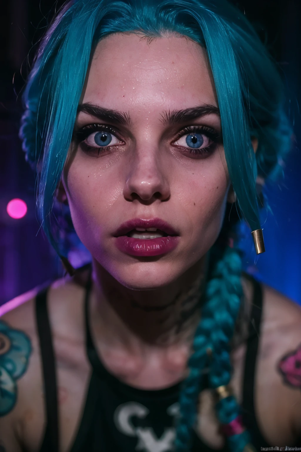 Close-up face. Hyper realistic super detailed Jinx cosplay , Young girl, , Very detailed, (hyper realistic: 1.4), in dynamic pose, angry face, twin braids, long hair, blue hair, red eyes, tattooed arm , ((angry face)), arcane style. ((Grunge Neon grafitti background,  cinematic lighting)).