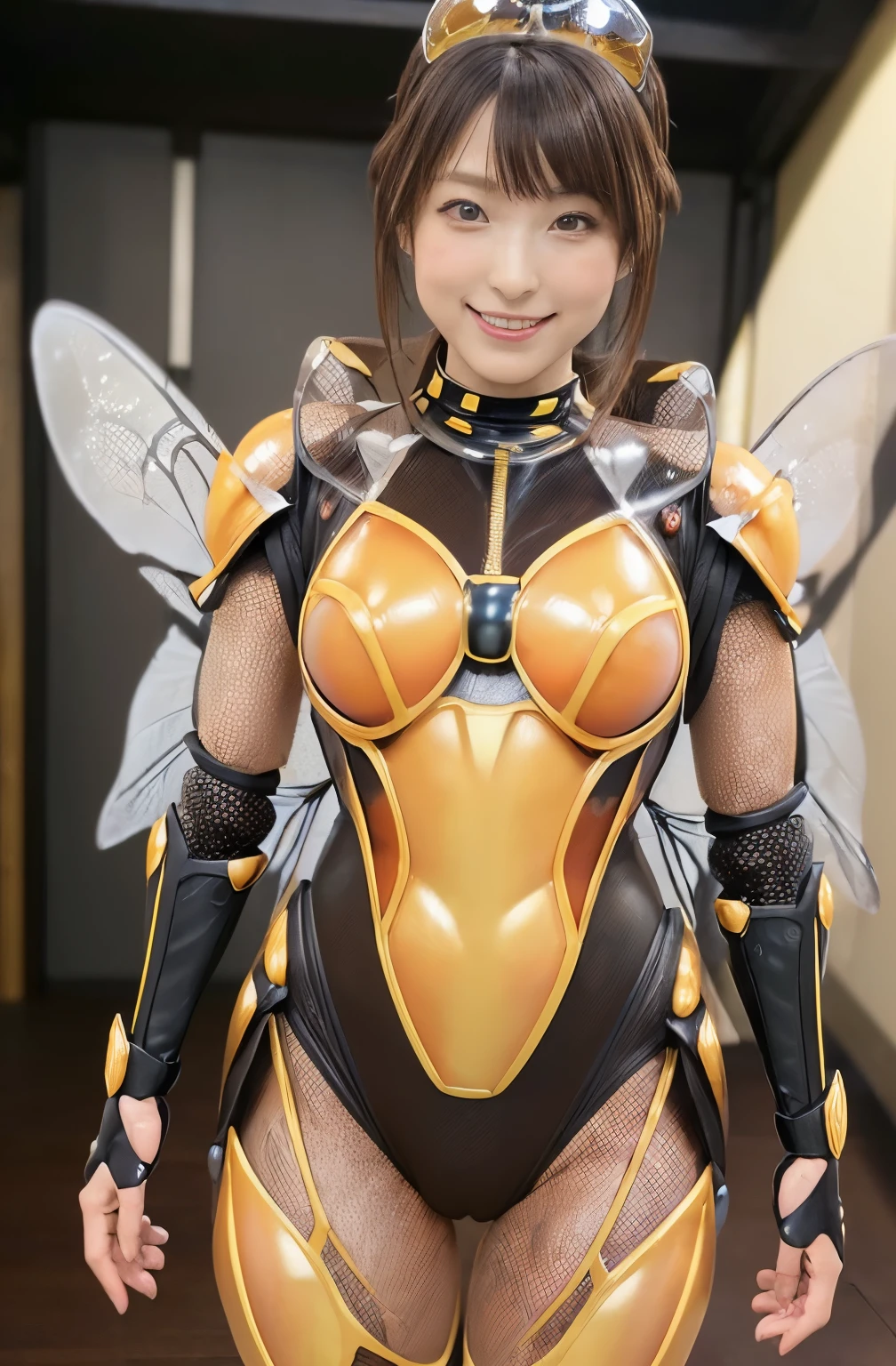 (high resolution,masterpiece,best quality,extremely detailed CG, anime, official art:1.4), realistic, photo, amazing fine details, all intricate, gloss and shiny,awesome many layers, 8k wall paper, 3d, sketch, kawaii, illustration,( solo:1.4), perfect female proportion,villainess, (fusion of queen bee and lady:1.4), (queen bee form lady:1.2), (queen bee lady:1.2), (fusion:1.2), (solo:1.4), (evil smile:1.2), muscular, abs, (queen bee exoskeleton bio insect suit:1.4), (cockroach brown exoskeleton bio insect armor:1.2), (brown transparency queen bee wing:1.4), (brown queen bee antennae:1.3),