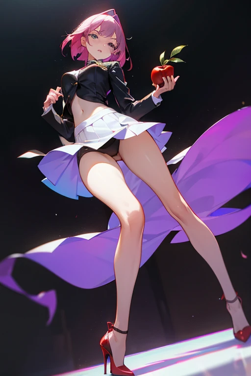 A young woman wears a micro skirt and high heels holding an apple cut in half with a fearful expression 