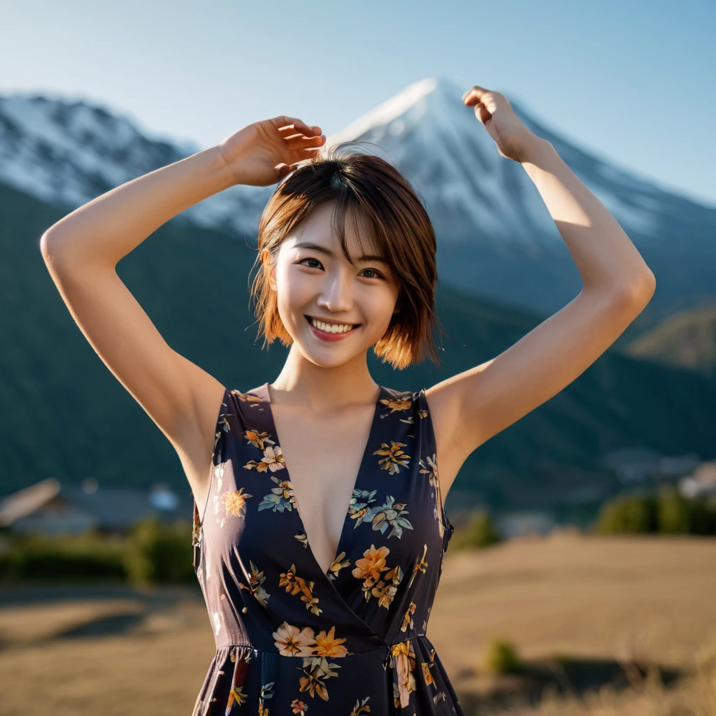 master piece,arms up behind,Highest quality,Very detailed,Nikon D850 film stock photo, 1 1 1.6 Lenses, Rich colors, Realistic, Cinestill 800, Backlight, Rim Light, Studio Lighting,a girl, one girl,solo focus,alone,8k,raw photo,Japanese women,Age 25,Fair skin,Beautiful eyes,Clear,Detailed eyes,smile,teeth,asymmetrical lob hair(brown),g cup bust,valley,(Floral print dress:1.3), (Vest:1.2), Ankle boots,background:mountain,one girl