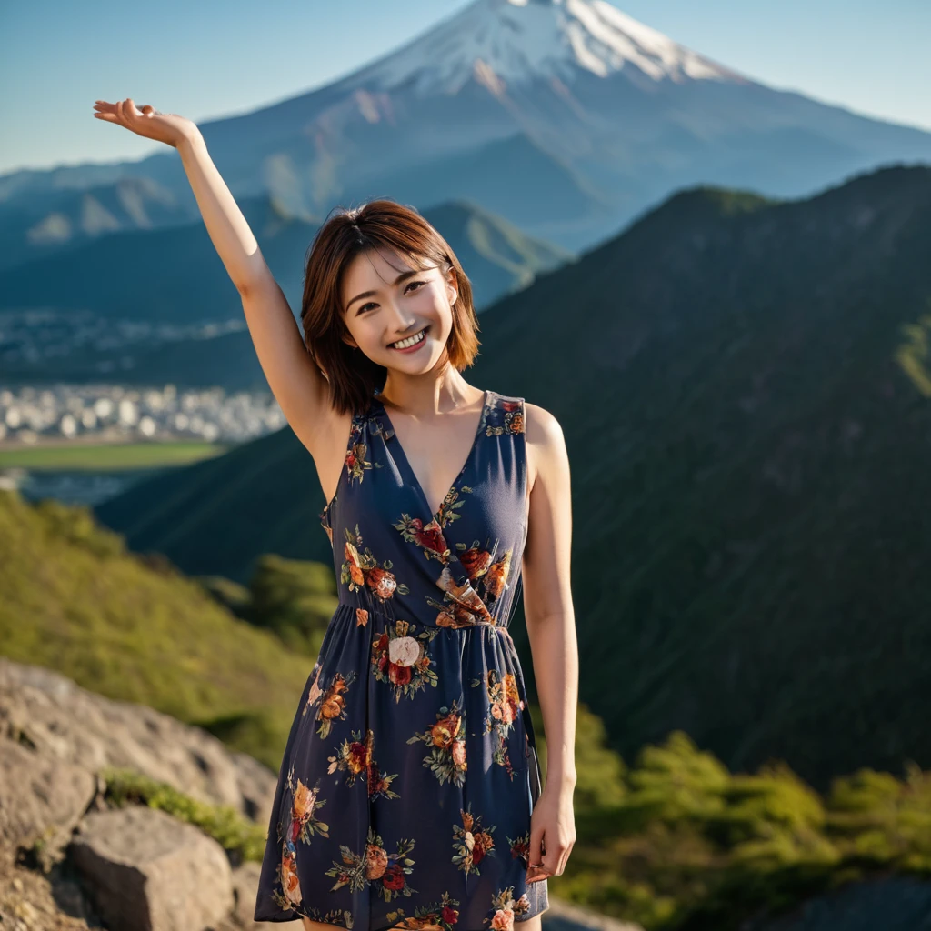 master piece,arms up behind,Highest quality,Very detailed,Nikon D850 film stock photo, 1 1 1.6 Lenses, Rich colors, Realistic, Cinestill 800, Backlight, Rim Light, Studio Lighting,a girl, one girl,solo focus,alone,8k,raw photo,Japanese women,Age 25,Fair skin,Beautiful eyes,Clear,Detailed eyes,smile,teeth,asymmetrical lob hair(brown),g cup bust,valley,(Floral print dress:1.3), (Vest:1.2), Ankle boots,background:mountain,one girl