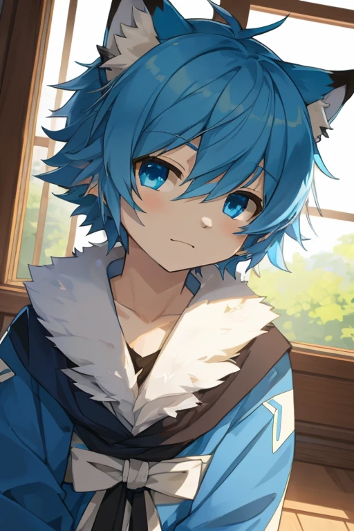 , White and blue fur, Shota, blue eyes, Messy hair, , short hair, masterpiece, Very detailed,,,独奏,,,Looking at the camera,Wolf's facial features,,Wolf paw,Wolf Tail,Blue ears,,black,Detailed lighting,Sitting,On the grass,Open your legs