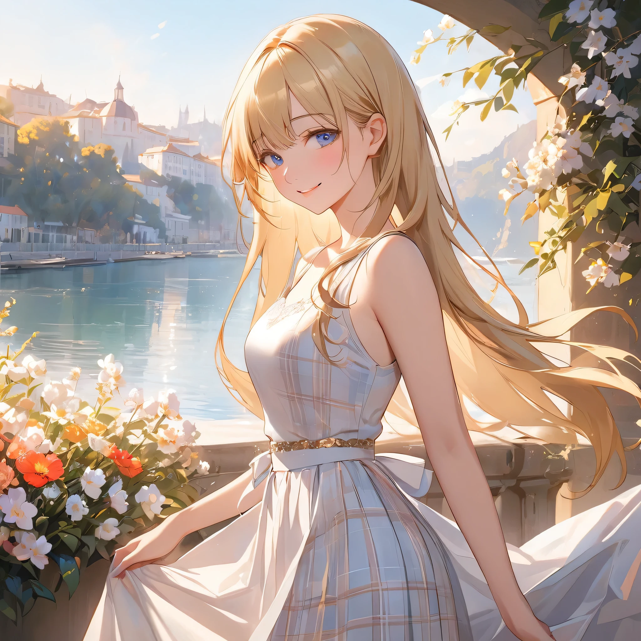 (Masterpiece artwork),(Maximum quality:1.2),(1 girl),Exquisite details,swirly vibrant colors,soft shades, warm atmosphere, soft lighting,slender white body,(long white plaid skirt:1.3),(latest clothing trends),(blonde hair half double tail:1.3),beautiful detailed blue eyes,pale skin,cowboy shot,smile gently,Overflowing soft and gentle feelings,(The sidewalk is full of flowers), warm golden glow,romantic,rich and colorful,Create an ethereal atmosphere like a dream,and the lighting is soft and diffused,Make your beauty more vivid,silky to the touch,film lighting