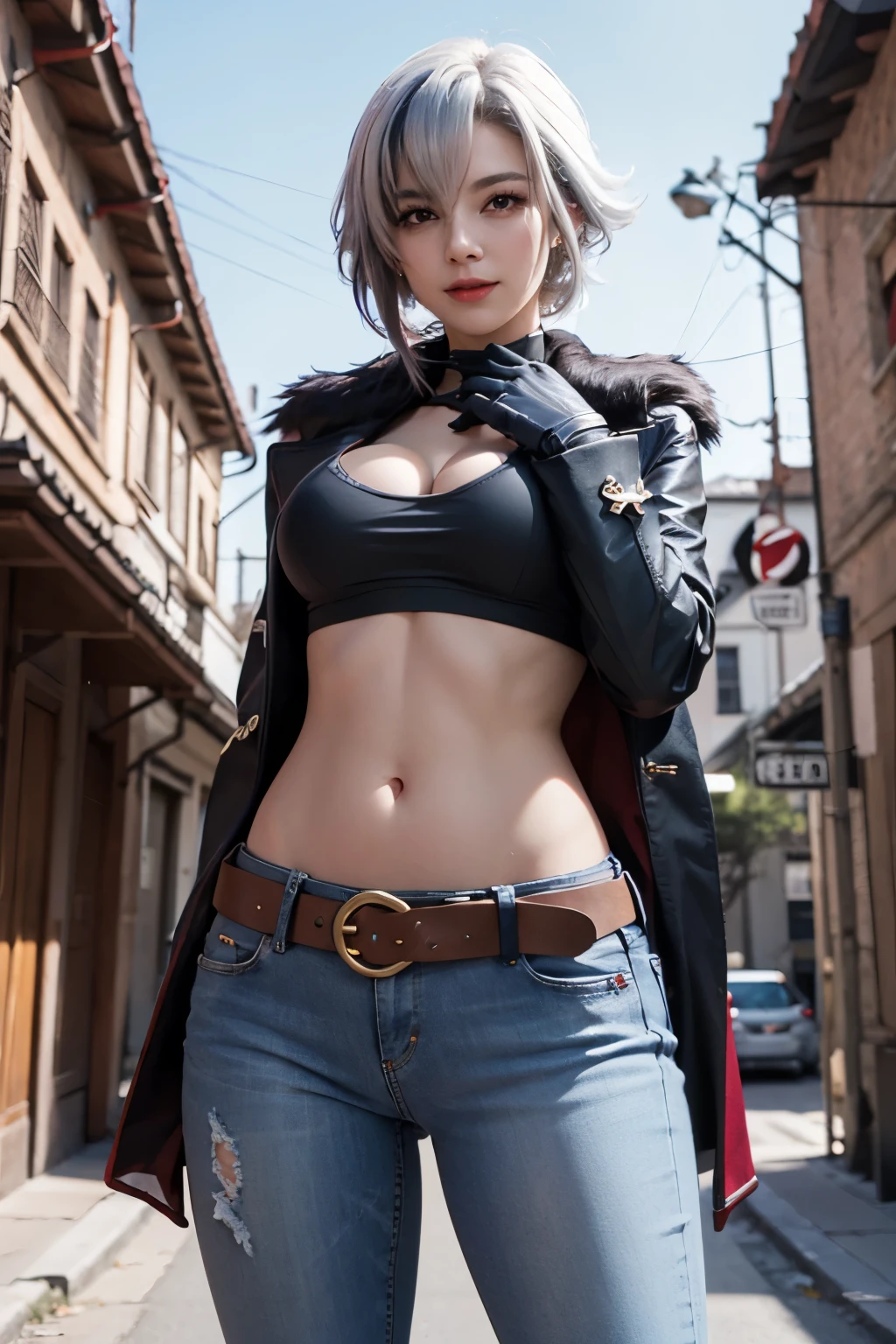 (long jeans, iron belt), ((midriff, navel)), looking at viewer, ruins on background, smile, standing fashion pose, (cinematic lighting, best quality, masterpiece, high details, best quality, highres, HD, 4K, 8k, super detail), arlecchino, streaked hair, 1girl, solo, symbol-shaped pupils, x-shaped pupils, hair between eyes, short hair, red pupils, coat, fur trim, fur-trimmed coat, large breasts, gloves, grey hair, black gloves.