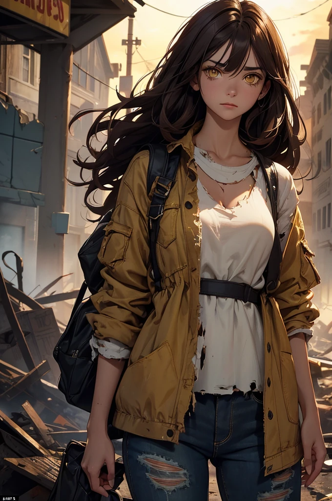 A woman with dark brown hair and yellow eyes wearing tattered clothes in a destroyed town with the shadow of the devil behind her at night