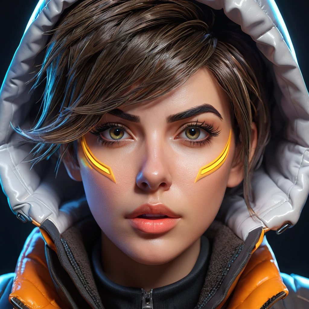 A highly detailed portrait of Tracer from Overwatch, trapped inside her fully zipped, super gleamy, overfilled, overinflated, thick, glossy puffer jacket, beautiful detailed eyes, beautiful detailed lips, extremely detailed eyes and face, long eyelashes, photorealistic, 8k, realistic lighting, volumetric lighting, cinematic lighting, dramatic lighting, dynamic pose, dramatic expression, neon cyberpunk style, intricate details, hyper-realistic, 3D rendered, highly detailed texture, glossy material, extreme realism, striking colors, vibrant colors, deep shadows