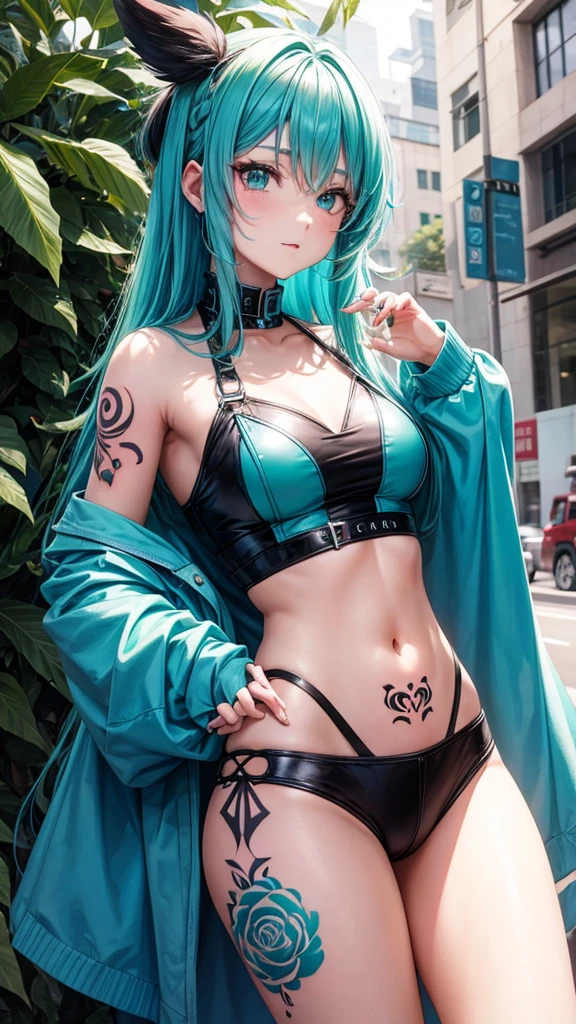 Turquoise hair anime girl with tattoo