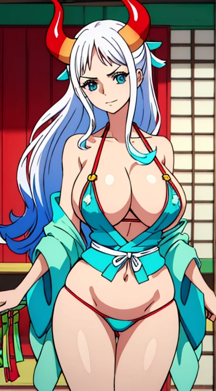 (Transparent micro bikini),(shame),Highest quality, so beautiful, One girl, mature_Lady,Yamato(ONE PIECE), (White Hair),(The tip of the hair is a gradient of green and blue) On eyebrows,Red horns growing from his head, blue eyes,(Large Breasts),Curvaceous,Expose,outside,(Nipples),(Areola),Japanese-style room,Shoji screen