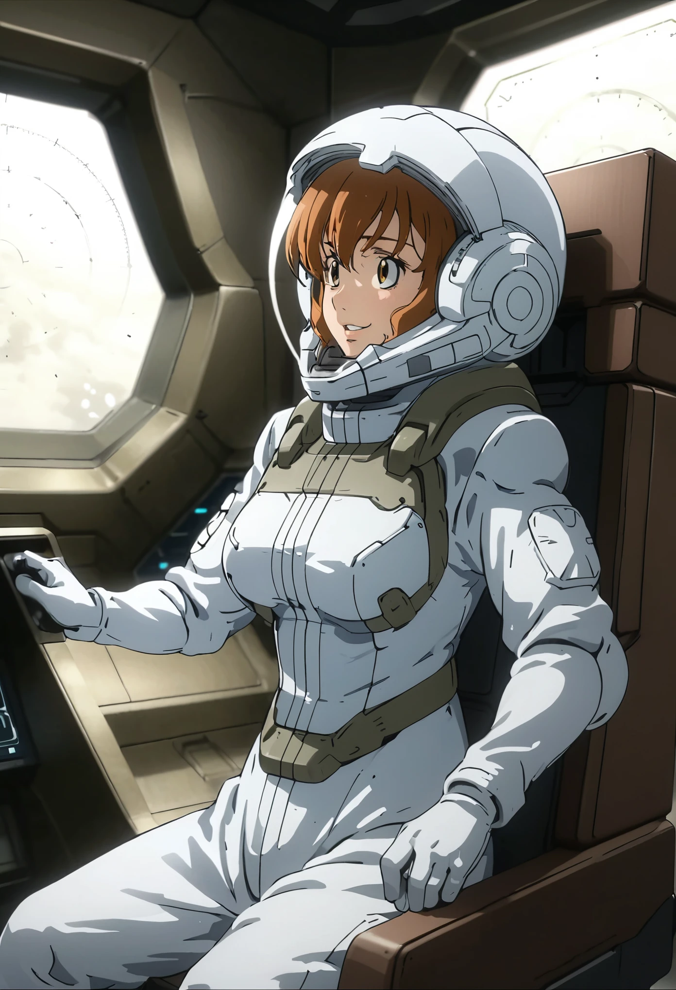 eva helm, spacesuit , astronaut), from below, bubble helmet, space helmet, (1girl:1.1) wearing a (spacesuit:1.15), white cargo pants, (ugh, wtf do these buttons do:1.3), inside the cockpit of a (futuristic spaceship:1.1), sitting in the captains chair, (intricate control panels:1.3), (gleaming metal:1.1), surrounded by many buttons and dials and gauges, (smile:1.1), concerned, beautiful 8k wallpaper, highly advanced, (sleek design:1.3), intricate, highres, superb, 8k wallpaper, extremely detailed, intricate, short hair, from below,big breasts,t