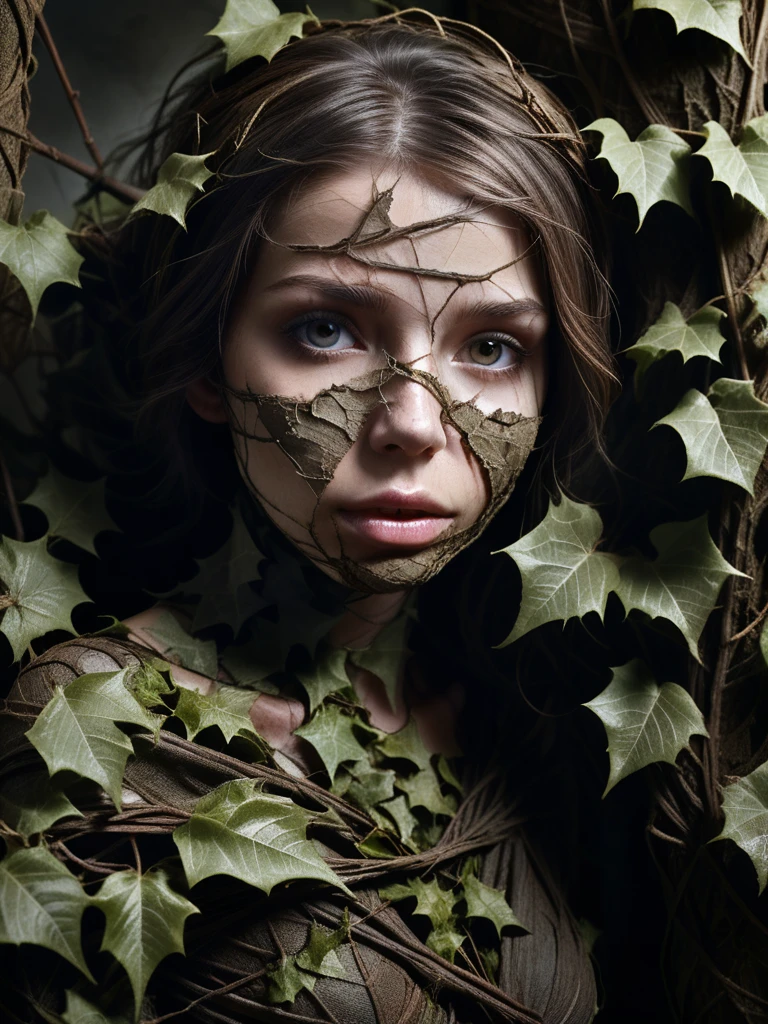 realistic photo, high definition, highly detailed,
a beautiful 26yo girl, clothed in dead ivy, wrapped around her body and wrapped around her face, dead staring eyes, dry cracked skin,
(a shaft of ethereal light illuminates her face),