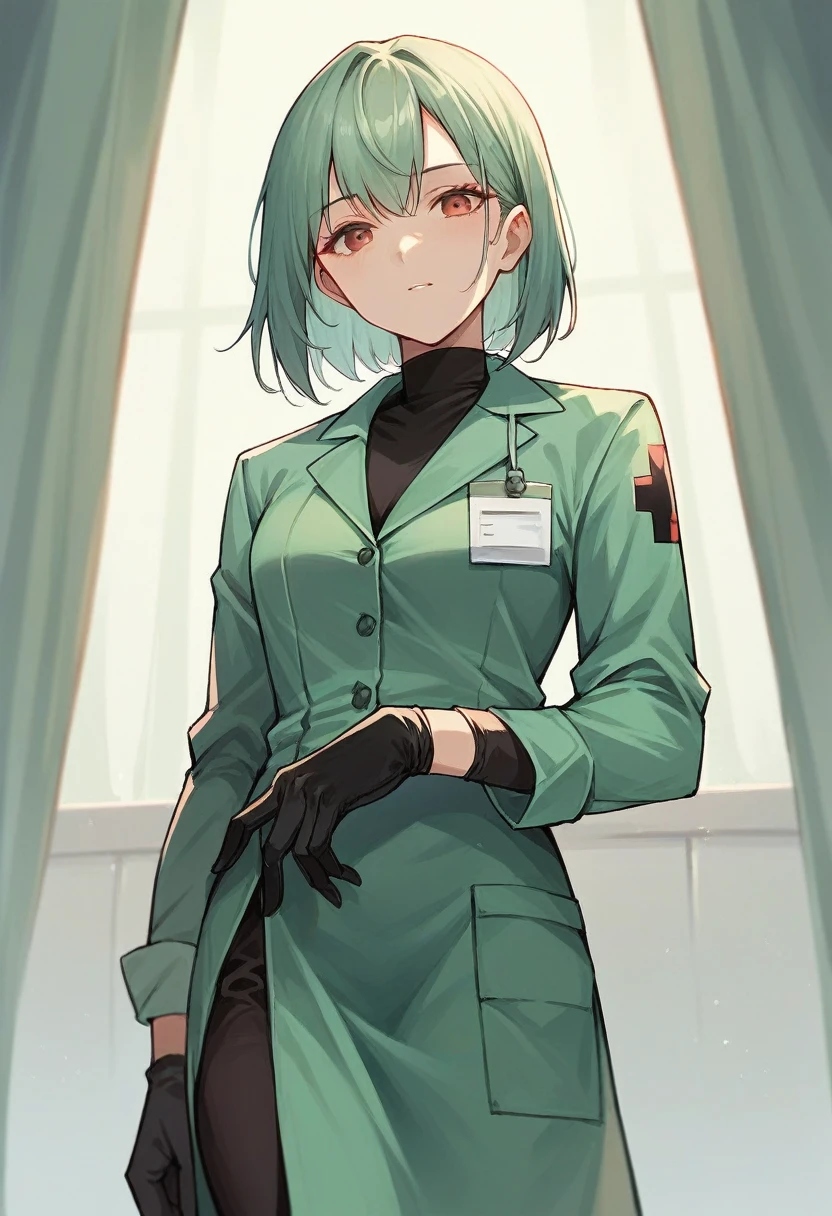 1girl, bangs, ((black medical gloves)), ((((long sleeves)))), looking at viewer, ((green doctor outfit)), standing, solo