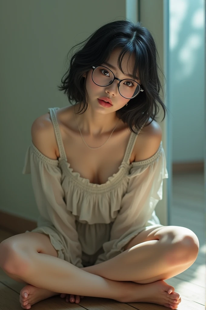 There is a woman sitting on the floor with her legs crossed..., Wearing glasses, Japanese Model, Wearing glasses on, Wearing square glasses, Young Sensual Gravure Idol, Yasumoto Oka, Genuine young gravure idol, Without glasses, Yoshitomo Nara, Aoi Ogata, Wearing glassesいる, Surreal,Provocative,((Beautiful Skin)),((Skin Texture)),((Real Touch)), healthy, unreddish skin, Cute freckles on the cheeks,Mole under left eye,