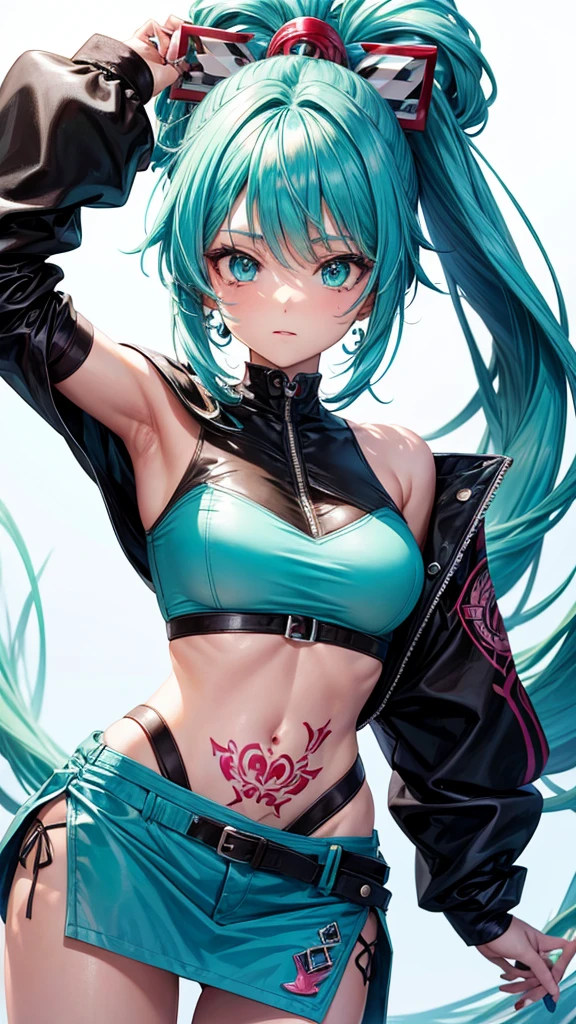 A girl with heterochromia in her eyes, one of each color,Big and ass,athletic body, hair with blue highlights,green and red, she has a confident perverted look