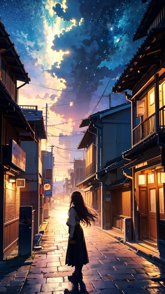 Octane, null, star (null), scenery, starnull, dawn, One girl, 夜null, alone, Outdoor, building, cloud, milky way, wood, Long Hair, city, silhouette, cityscape,Asahi,Start of the day, give clear detail, the background must stunning, the environment should be bigger than character.