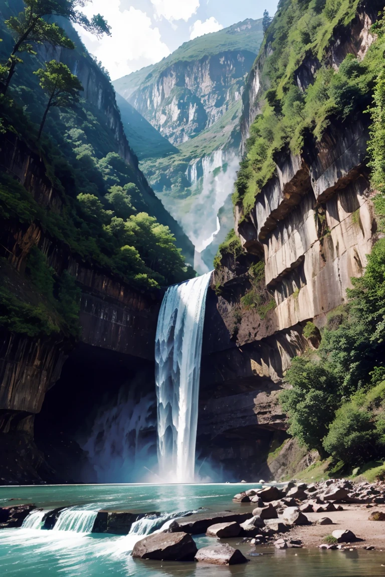 A train passing through the mountains under waterfall in Midjourney manga style