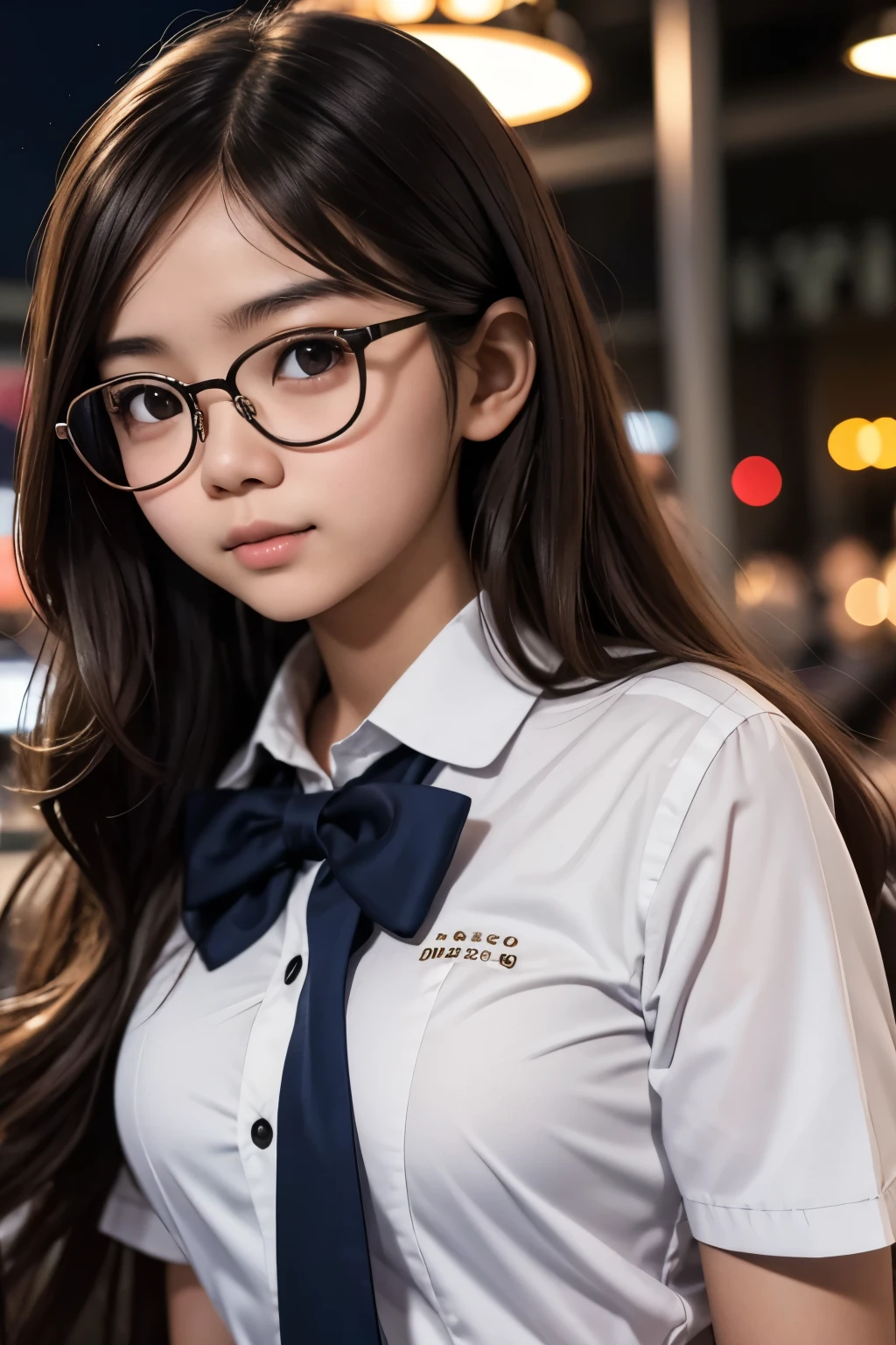 detailed face of photo. 20 year old white skin slim body Indonesian girl with a sweet  face,   round face chubby face and long brown wavy hair, round glasses Wear schoolgirl uniform in night clubs
