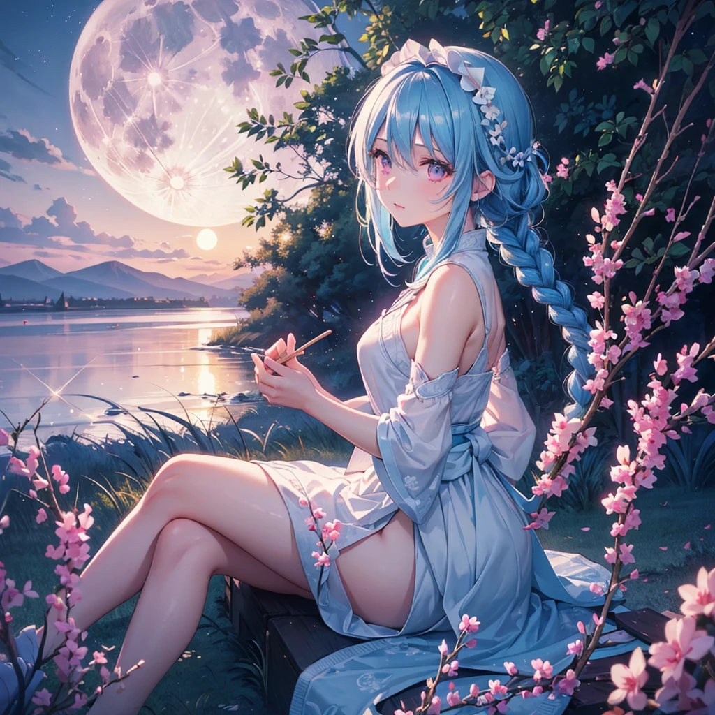 Sky blue hair, (1 braided hair), (Pink eyes),Fair skin) ,(whole body),(One Girl),(White sweet dumplings ),Japanese pampas grass,(beautiful, Full moon shining in the night sky),(masterpiece, Highest quality, Very detailed, Best Shadow), (Detailed Background), (Beautifully detailed face), High Contrast, (Best lighting, Very delicate and beautiful), ((Cinematic Light)), Hyper Detail,8k, Dramatic Light, Intricate details,Sit down and eat dumplings,