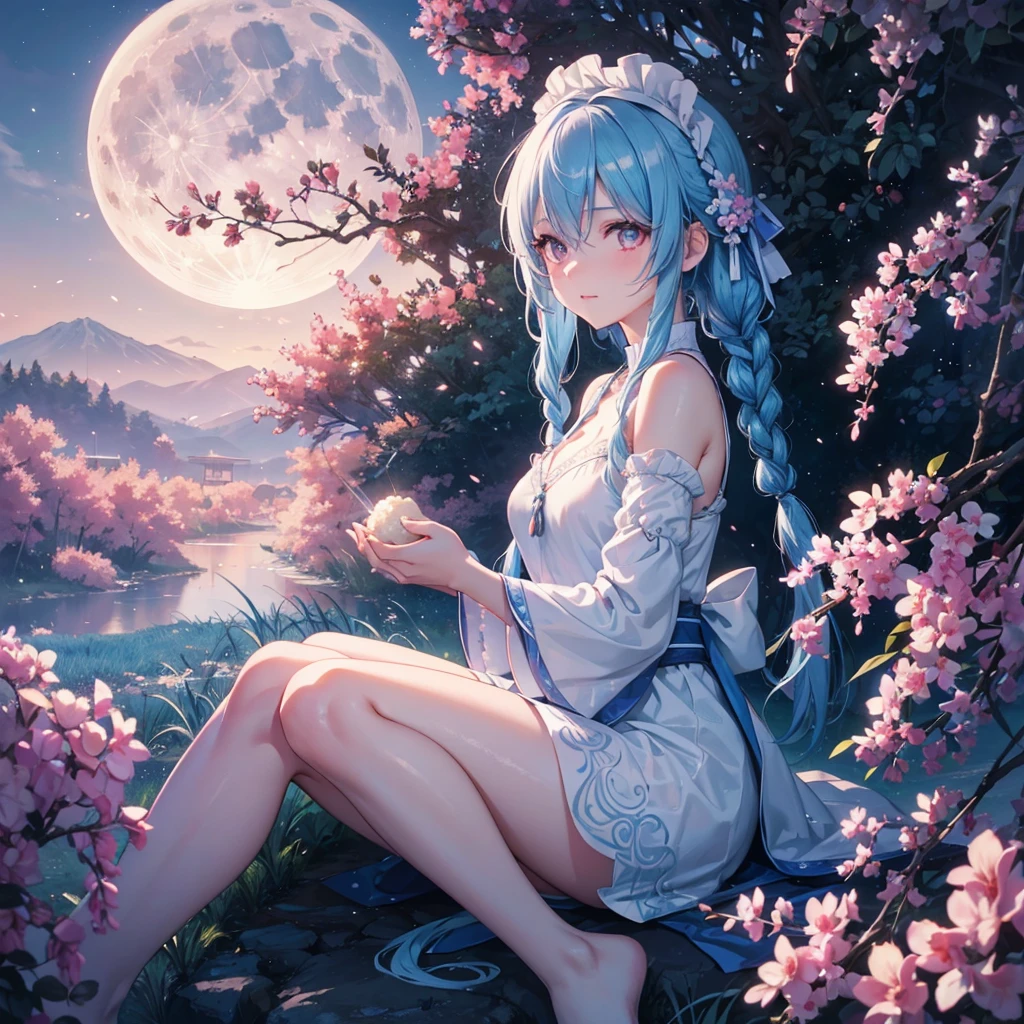 Sky blue hair, (1 braided hair), (Pink eyes),Fair skin)  ,(whole body),(One Girl),(White sweet dumplings ),Japanese pampas grass,(beautiful, Full moon shining in the night sky),(masterpiece, Highest quality, Very detailed, Best Shadow), (Detailed Background), (Beautifully detailed face), High Contrast, (Best lighting, Very delicate and beautiful), ((Cinematic Light)), Hyper Detail,8k, Dramatic Light, Intricate details,Sit down and eat dumplings,