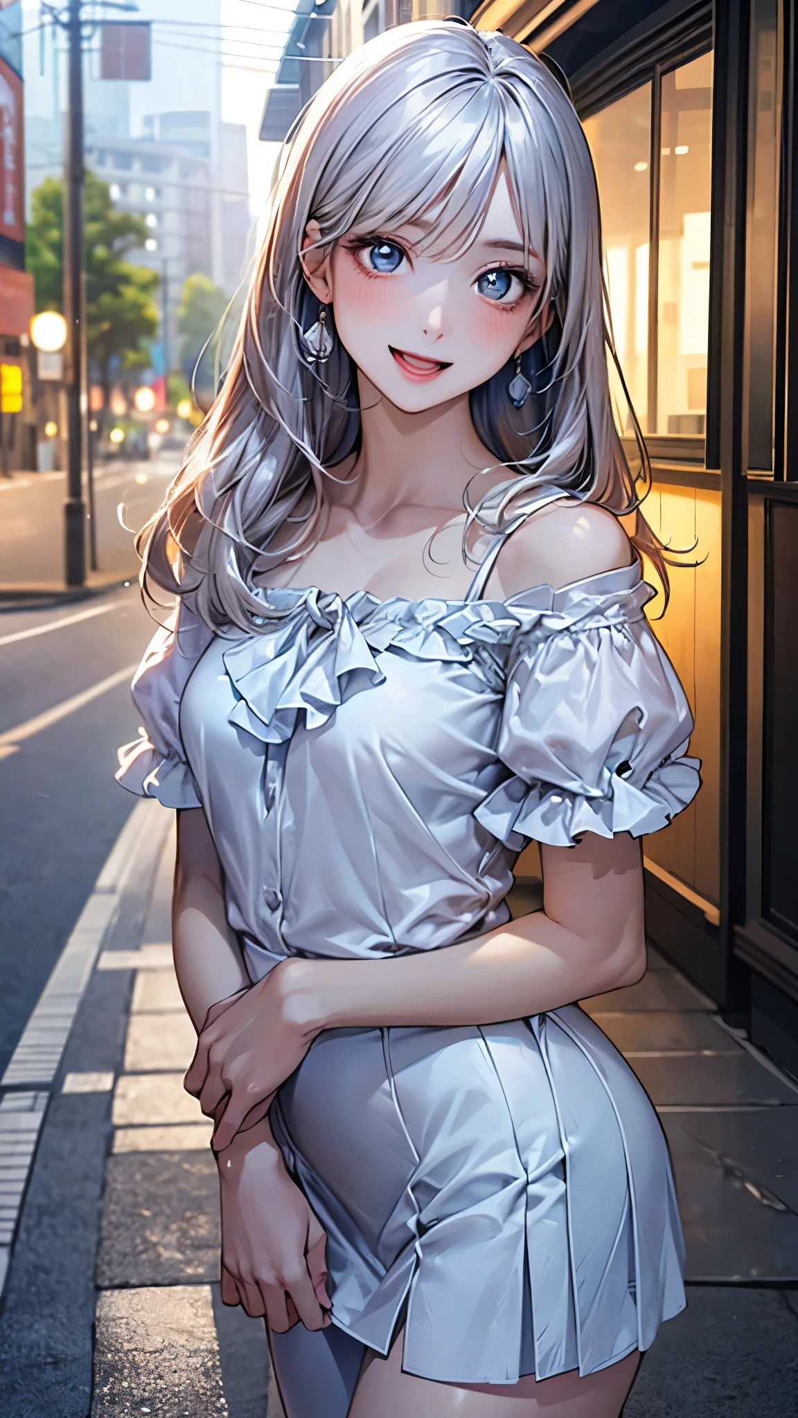 (masterpiece:1.2, top-quality), (realistic, photorealistic:1.4), beautiful illustration, (natural side lighting, movie lighting), depth of fields, nsfw, 
beautiful detailed hair, beautiful detailed face, beautiful detailed eyes, beautiful clavicle, beautiful body, beautiful chest, beautiful thigh, beautiful legs, 
looking at viewer, 1 girl, 12 years old, (perfect anatomy, anatomically correct, super detailed skin), cute and symmetrical face, perfect face, perfect eyes, 
(long hair:1.5, straight hair:1.4, silver hair), swept bangs, blue eyes, big eyes, long eye lasher, (medium breasts, seductive thighs), perfect body, shiny skin, pink skin, 
(short sleeve), break (open shoulder, puff sleeve), (light blue neck frills blouse), break (middle length white skirt), break 
(beautiful scenery), evening, (street), standing, (lovely smile, open mouth slightly), 