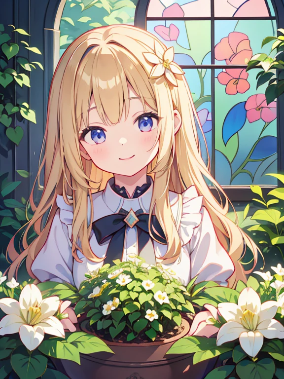 Masterpiece、Very detailed、The background is stained glass-style、（A young girl 、cute）、Long wavy blonde hair、smile、Face close-up、Large garden、garden、