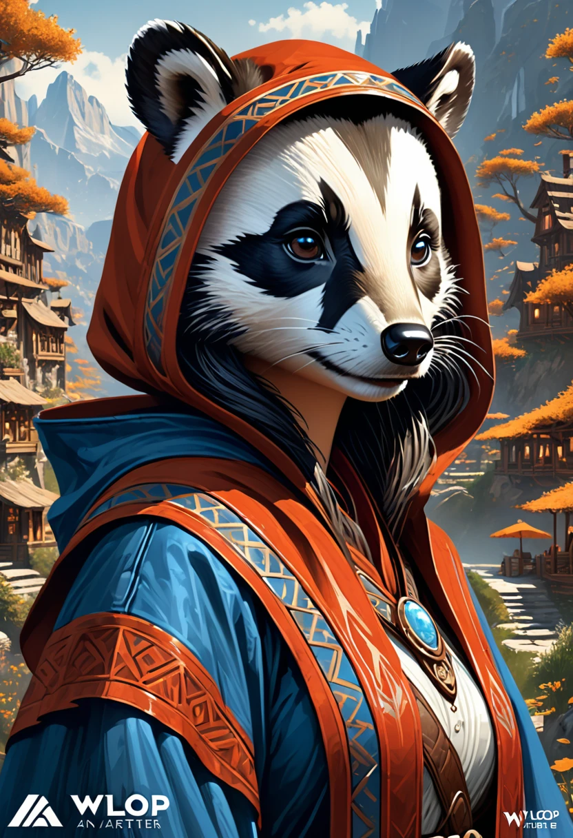 Anthropomorphic female badger mage. Official Art – Charecter profile. An Award-Winning Digital Masterpiece In 4K Ultra HD, Extreme Detail And Intricate Realism. Symmetrical Face. This Concept Art Brought To Life By The Hands Of Artists Like Wlop & Artgerm In A Stunning 2D Vector Illustration.Background Is A Panoramic Vista.