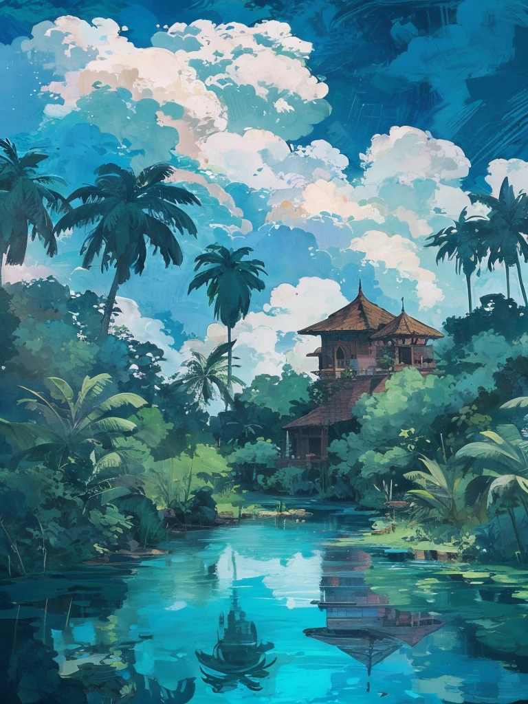 A lush, BALI verdant village nestled in a serene valley, Indonesia, surrounded by towering mountains, (detailed landscape,detailed village,detailed mountains,detailed foliage,detailed architecture:1.2),ancient stone buildings,cobblestone streets,thatched roof cottages,blooming wildflowers,winding river,ornate bridges,(best quality,8k,highres,masterpiece:1.2),vibrant colors,dramatic lighting,photorealistic,fantasy landscape,cinematic