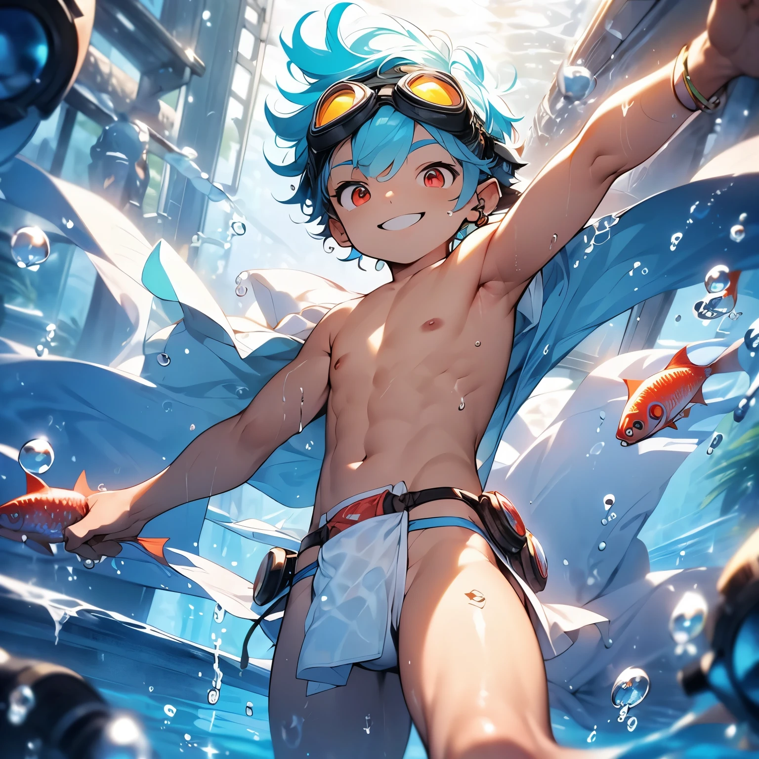 (boldline:-1.6), (floating:2), (water drop:1.4), (under water:1.8), (raising arms:1.5), (raising legs:1.3), (best quality:1.3), (absolutely resolution:1.3), (ultra detailed:1.3), (masterpiece:1.3), (perfect face:1.5), (detailed face:1.5), (detailed eyes:1.5), (cute face), (shota:1.7), (topless:1.5), BREAK (wearing goggles:1.8), (white loincloth:1.5), (bulge:1.5), (see through wet clothes), (skinny:1.3), (spiked hair), BREAK (light blue hair:1.4), (smiling:1.5), (wine red eyes:1.3), (eyes with high light), ((mole under eye)), ((earrings)), (shiny skin:1.3), BREAK (in sea:1.5), (group colorful small fishes:1.5), (bubble:1.3), (wind blowing:1.5), (nipple), (abs), (groin), wide angle, ((from below)), face focus,