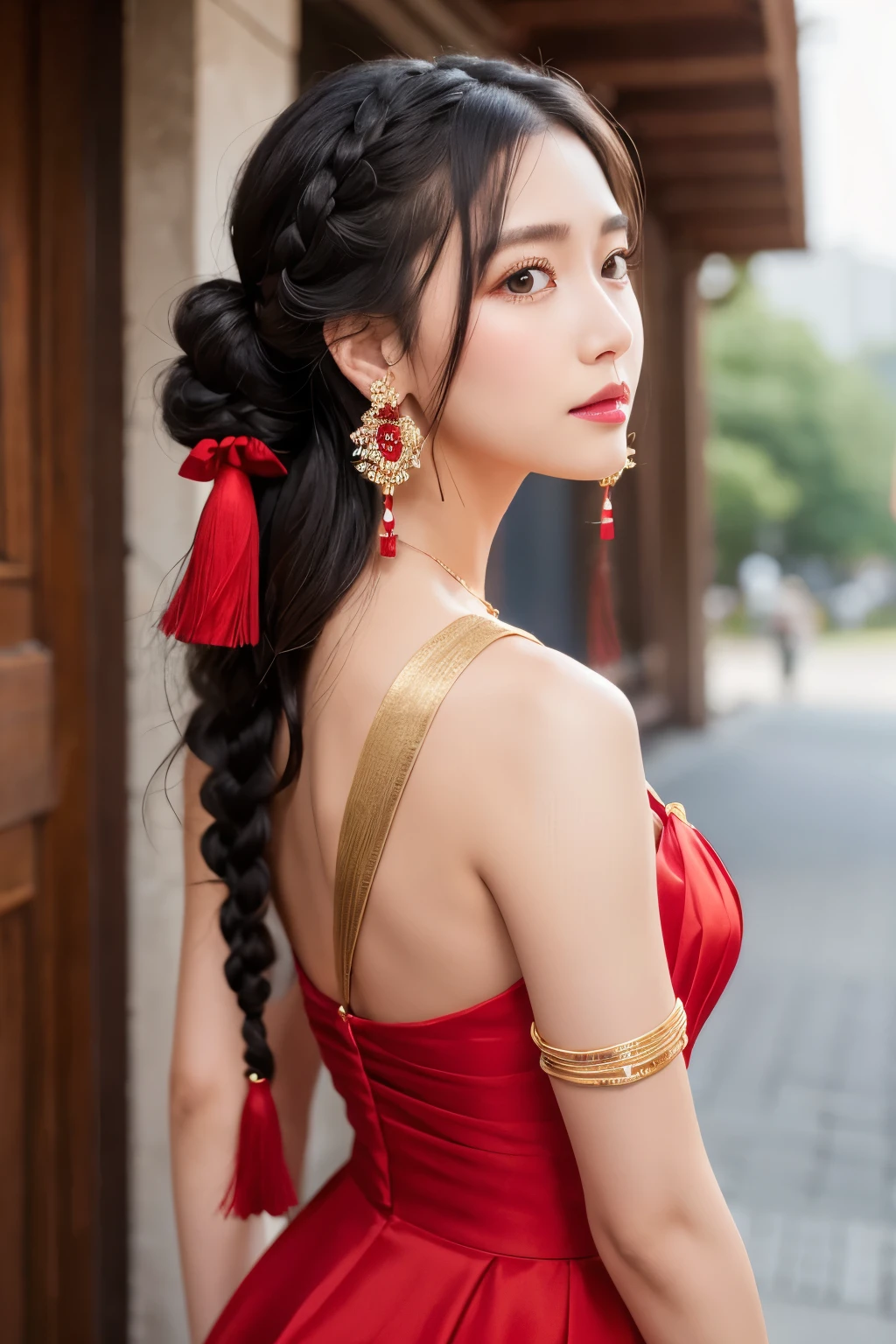 Shoulder exposed、Woman in red Dress。
She is wearing white thread tassel earrings.。The earrings are white。
hair is long and black。Braided at the back。
Her hair is decorated with gold flowers。
Holding a bouquet。