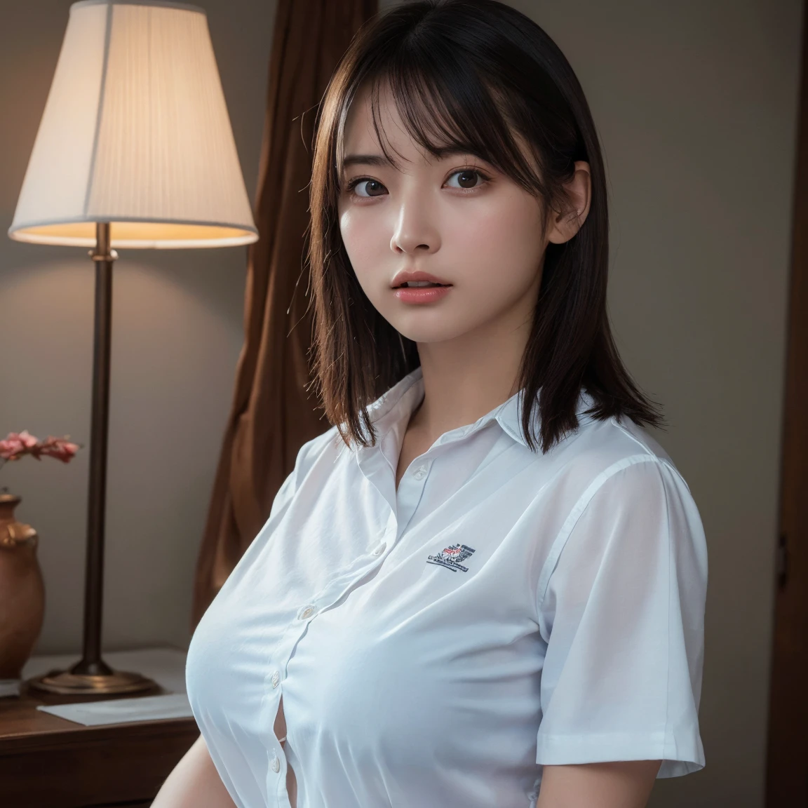 (Highest quality:1.4),(masterpiece:1.4),(Realistic:1.4),(Realistic:1.2),(超High resolution, RAW Photos:1.4),(High resolution, Very detailed:1.2),(8k:1.2),photograph,Brown Hair,length、One Girl,alone,(White shirt),Big Breasts,((Upper Body:1.3))、Protruding nipples