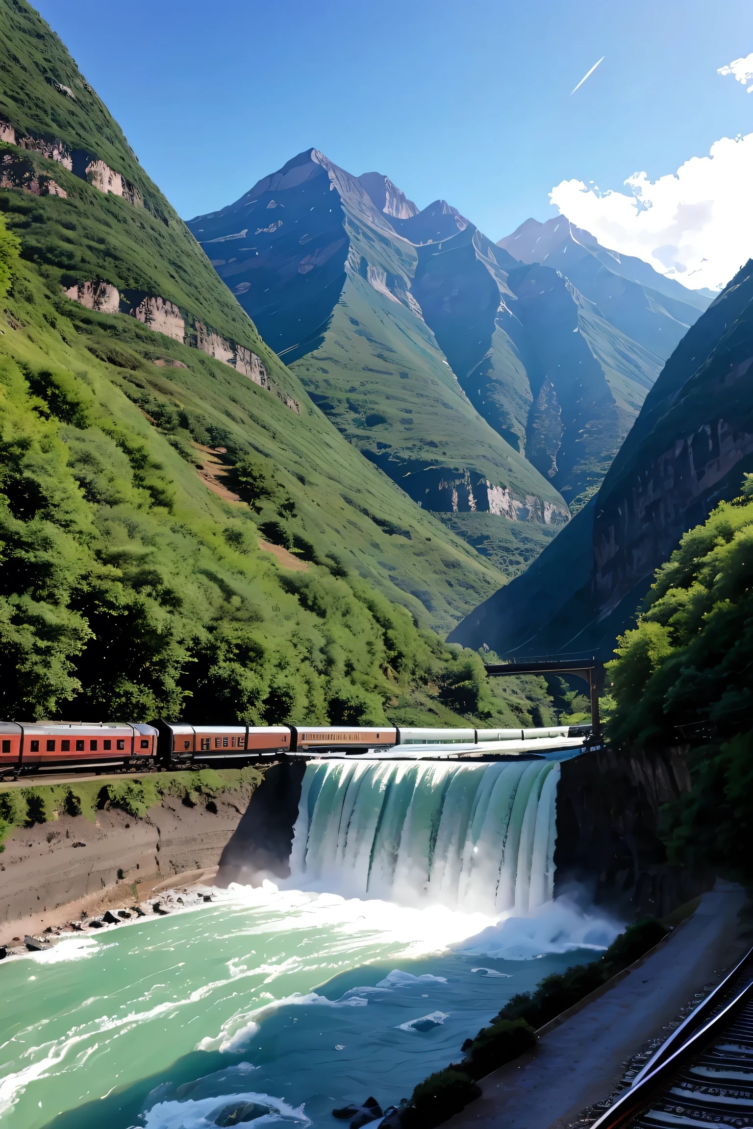 A train passing through the mountains under waterfall in Midjourney manga style