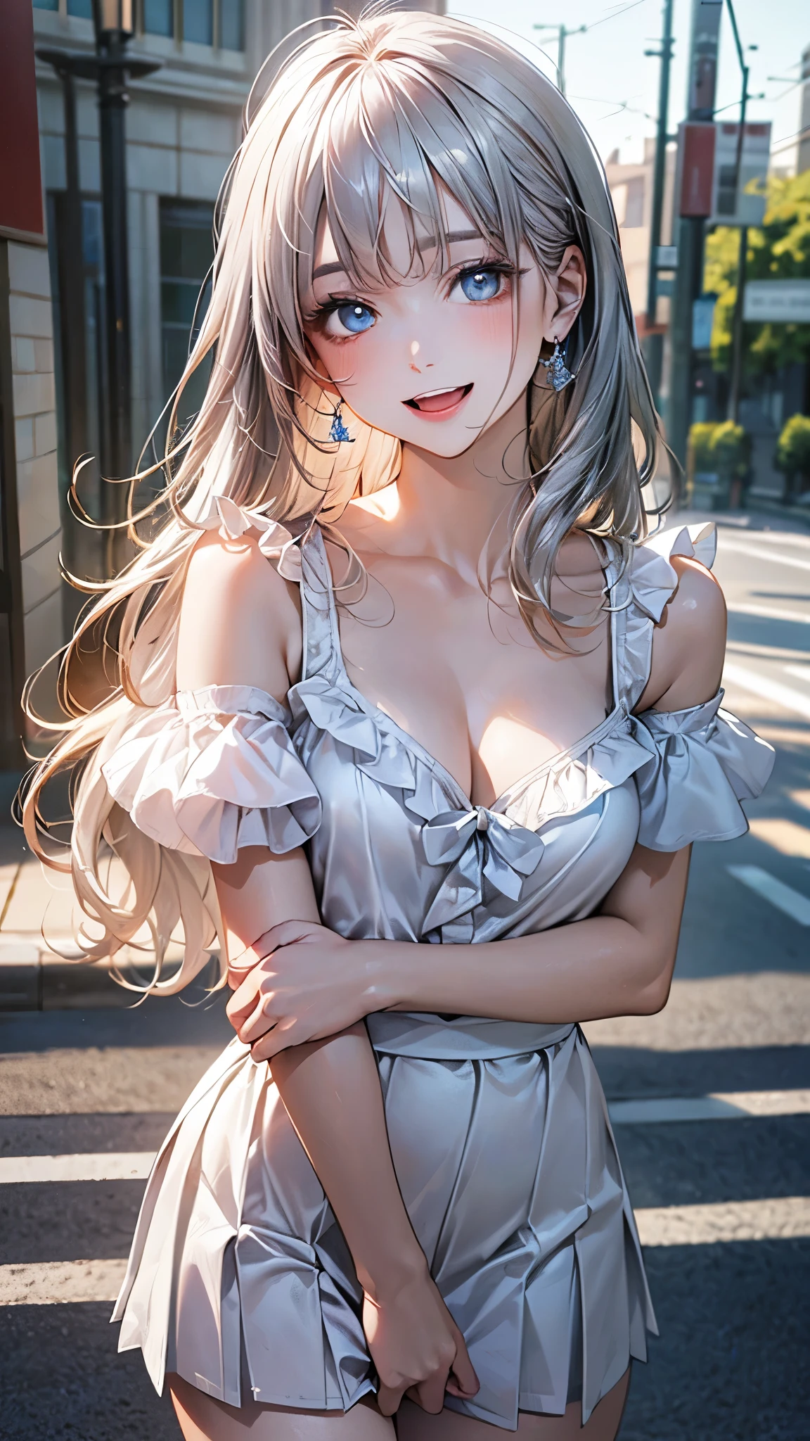 (masterpiece:1.2, top-quality), (realistic, photorealistic:1.4), beautiful illustration, (natural side lighting, movie lighting), depth of fields, nsfw,
beautiful detailed hair, beautiful detailed face, beautiful detailed eyes, beautiful clavicle, beautiful body, beautiful chest, beautiful thigh, beautiful legs,
looking at viewer, 1 girl, , (perfect anatomy, anatomically correct, super detailed skin), cute and symmetrical face, perfect face, perfect eyes,
(long hair:1.5, straight hair:1.4, silver hair), swept bangs, blue eyes, big eyes, long eye lasher, (medium breasts, seductive thighs), perfect body, shiny skin, pink skin,
(short sleeve), break (open shoulder puff sleeve light blue neck frills blouse), break (middle length white skirt), break
(beautiful scenery), evening, (street), standing, (lovely smile, open mouth slightly),